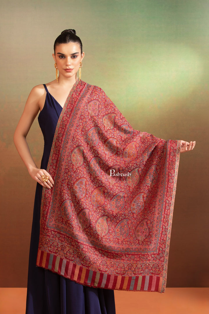 Pashtush India Womens Stole Pashtush Womens Extra Fine Wool Stole, Ethnic Weave Design, Crimson