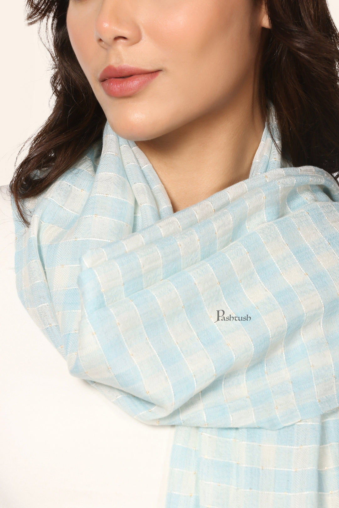 Pashtush India Womens Stoles and Scarves Scarf Pashtush Womens Extra Fine Wool Stole, Hand Embroidery Checkered Design, Aqua
