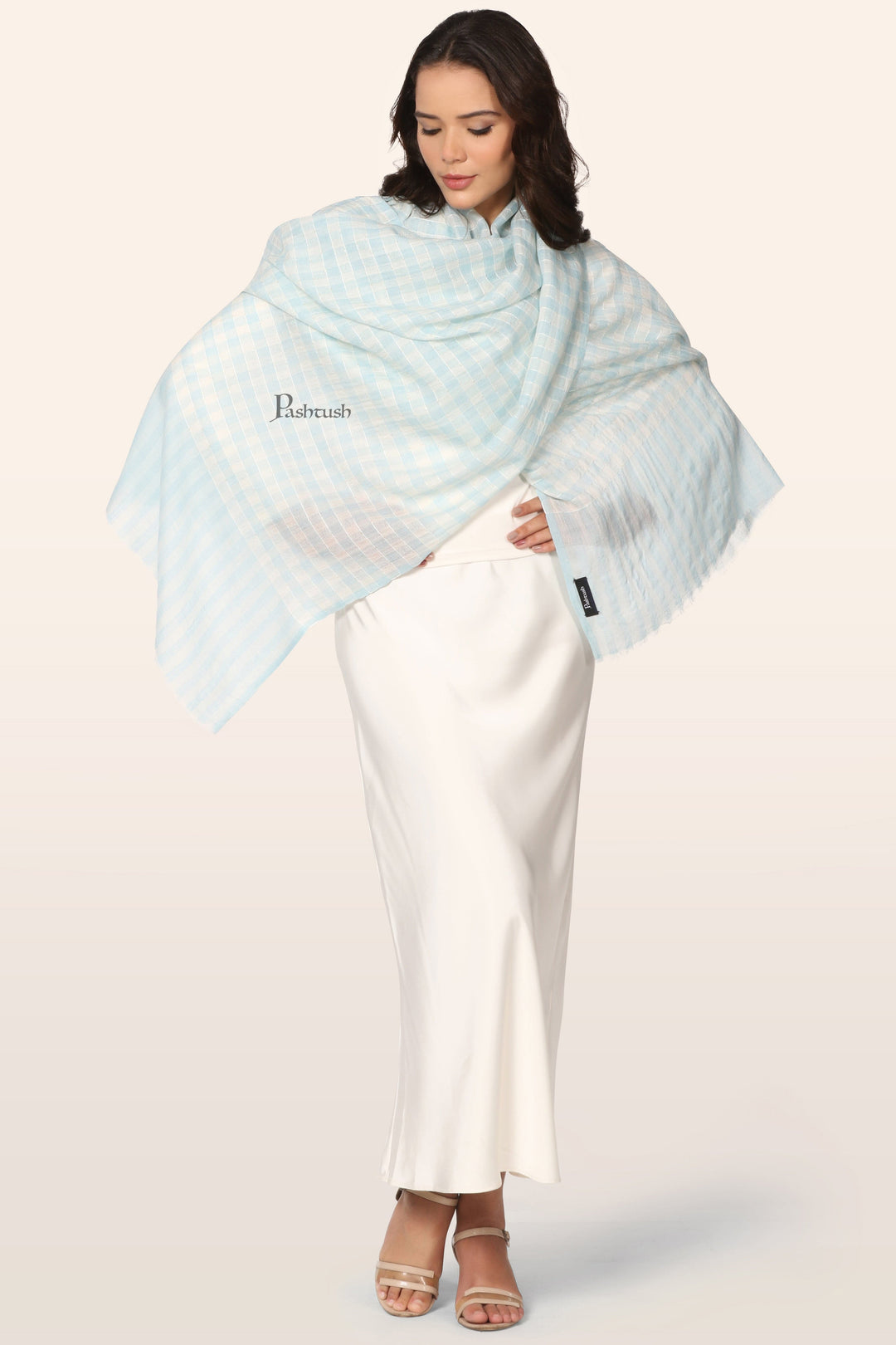 Pashtush India Womens Stoles and Scarves Scarf Pashtush Womens Extra Fine Wool Stole, Hand Embroidery Checkered Design, Aqua