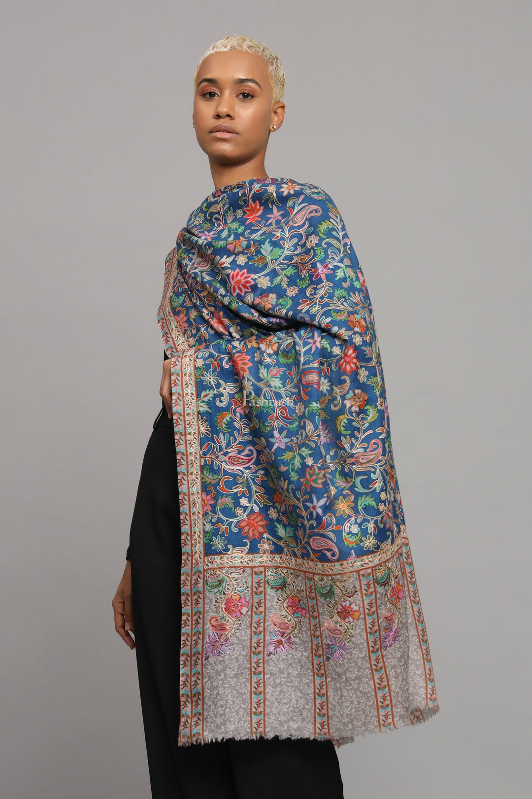 Pashtush India Womens Stoles Pashtush Womens Extra Fine Wool Stole, Kalamkari Embroidery Design, Blue