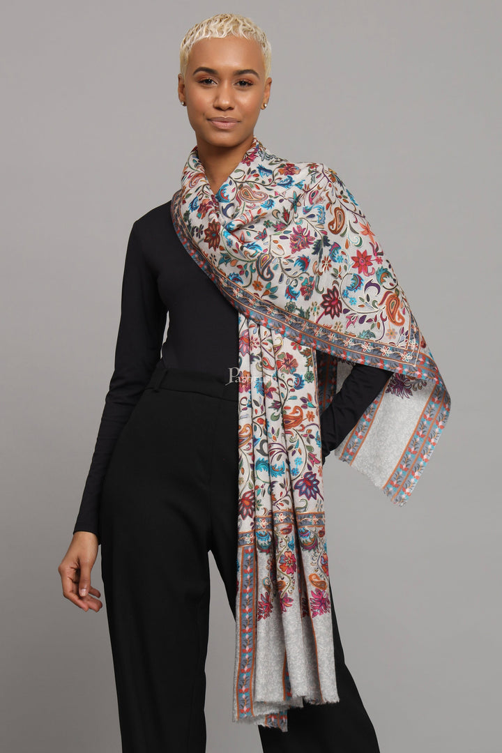 Pashtush India Womens Stoles Pashtush Womens Extra Fine Wool Stole, Kalamkari Embroidery Design, Ivory