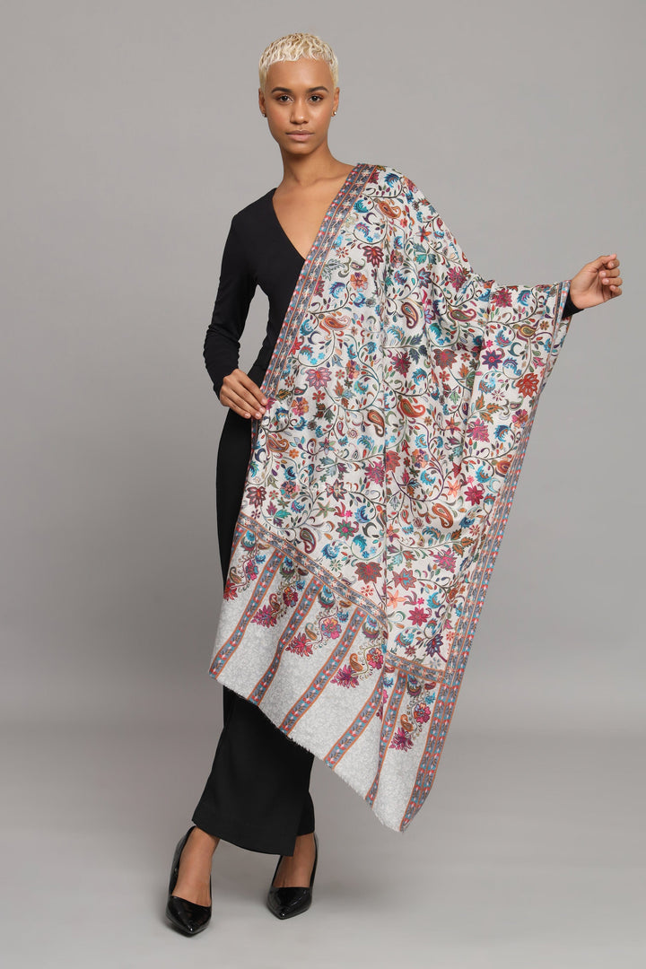 Pashtush India Womens Stoles Pashtush Womens Extra Fine Wool Stole, Kalamkari Embroidery Design, Ivory