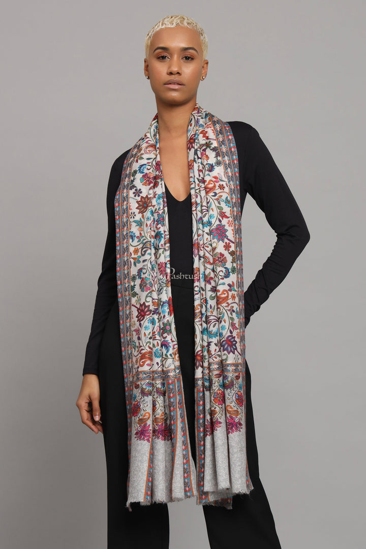 Pashtush India Womens Stoles Pashtush Womens Extra Fine Wool Stole, Kalamkari Embroidery Design, Ivory