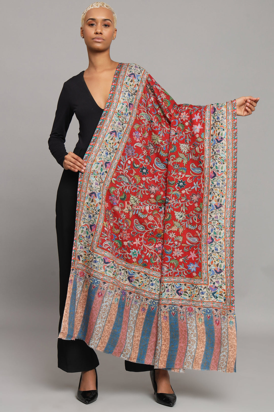 Pashtush India Womens Stoles Pashtush Womens Extra Fine Wool Stole, Kalamkari Embroidery Design, Red