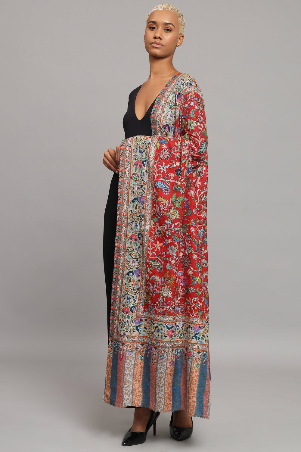 Pashtush India Womens Stoles Pashtush Womens Extra Fine Wool Stole, Kalamkari Embroidery Design, Red