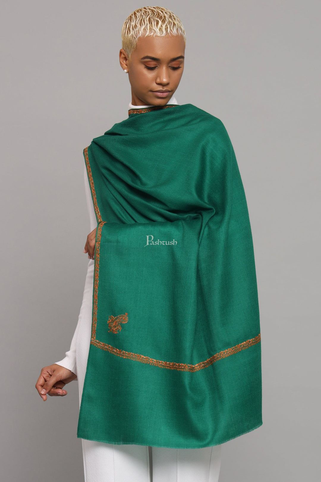 Pashtush India Womens Stoles Pashtush Womens Extra Fine Wool Stole, Kashmiri Hand Embroidery, Kingri Design, Bottle Green