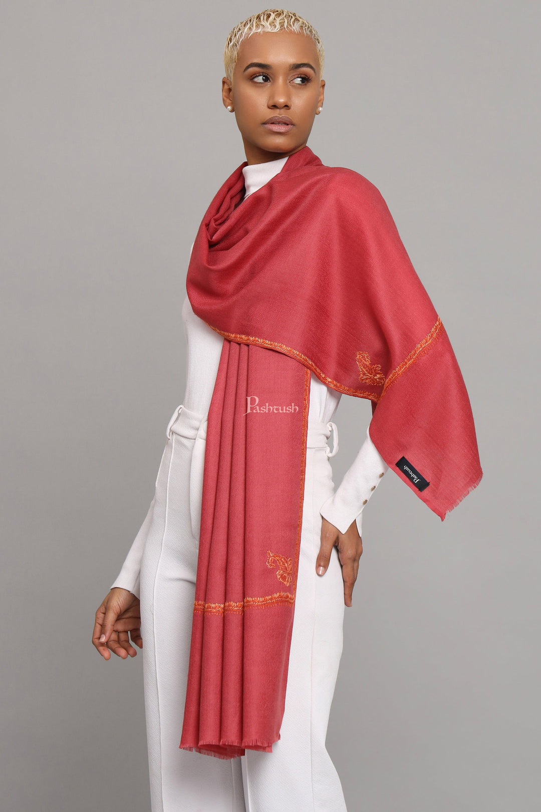 Pashtush India Womens Stoles Pashtush Womens Extra Fine Wool Stole, Kashmiri Hand Embroidery, Kingri Design, Morning Rose