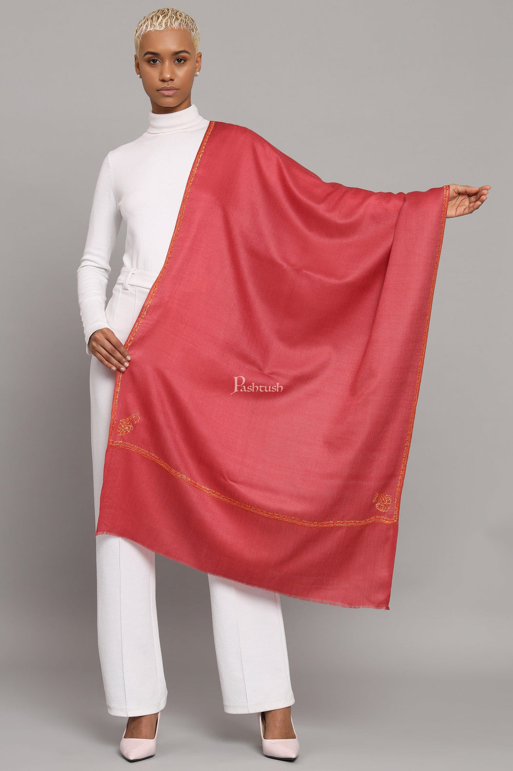 Pashtush India Womens Stoles Pashtush Womens Extra Fine Wool Stole, Kashmiri Hand Embroidery, Kingri Design, Morning Rose