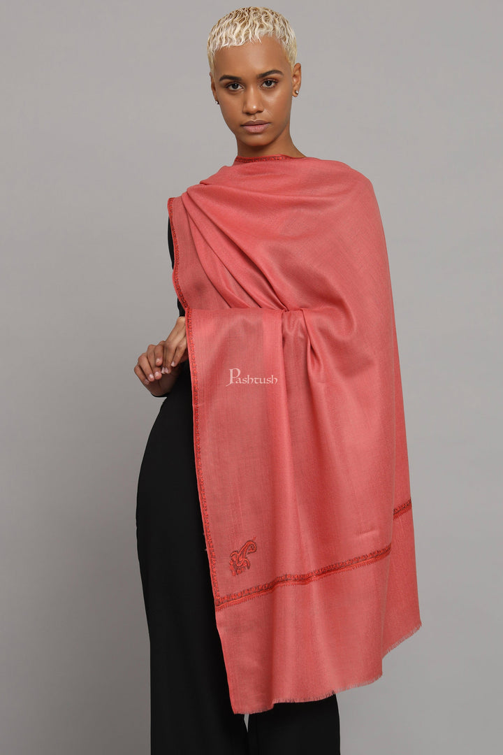 Pashtush India Womens Stoles Pashtush Womens Extra Fine Wool Stole, Kashmiri Hand Embroidery, Kingri Design, Pink