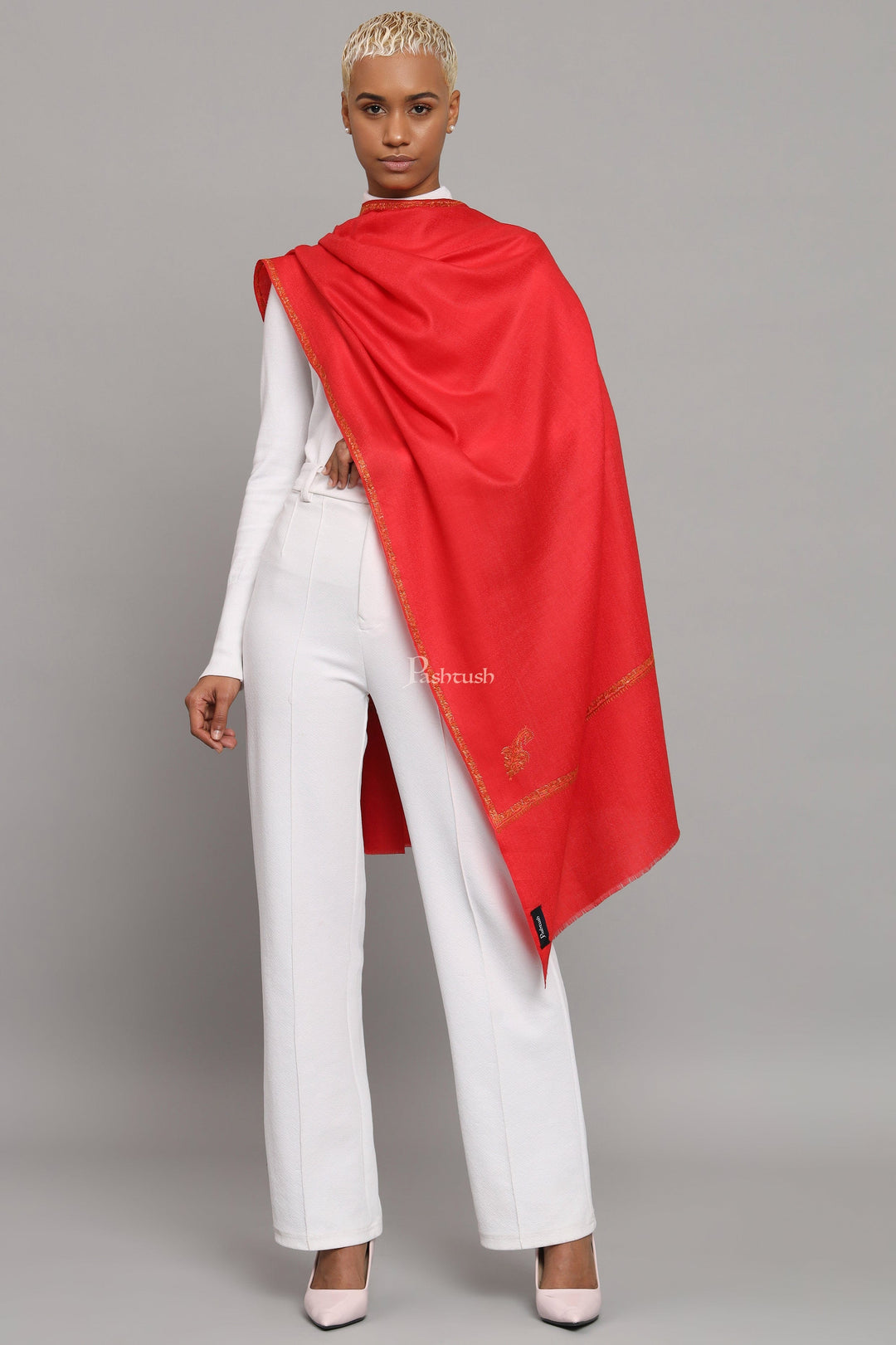 Pashtush India Womens Stoles Pashtush Womens Extra Fine Wool Stole, Kashmiri Hand Embroidery, Kingri Design, Red