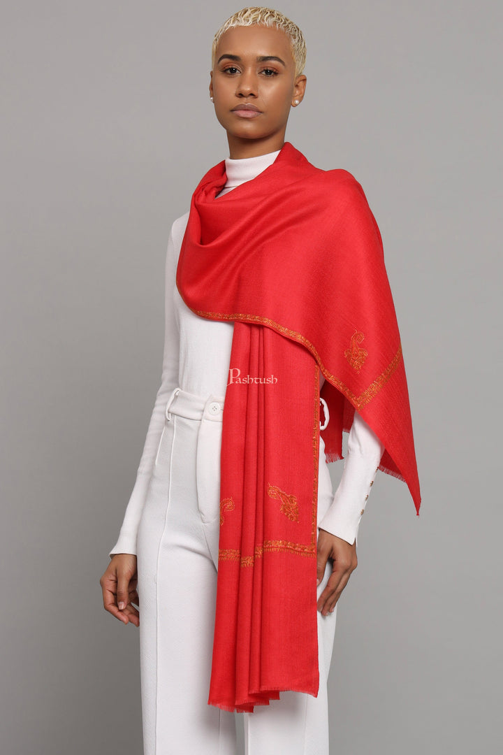Pashtush India Womens Stoles Pashtush Womens Extra Fine Wool Stole, Kashmiri Hand Embroidery, Kingri Design, Red