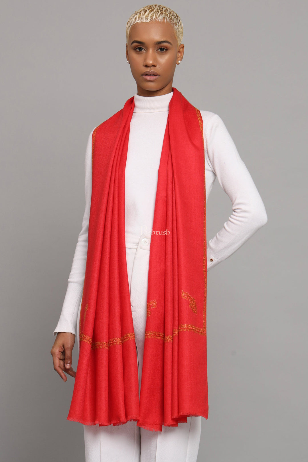 Pashtush India Womens Stoles Pashtush Womens Extra Fine Wool Stole, Kashmiri Hand Embroidery, Kingri Design, Red
