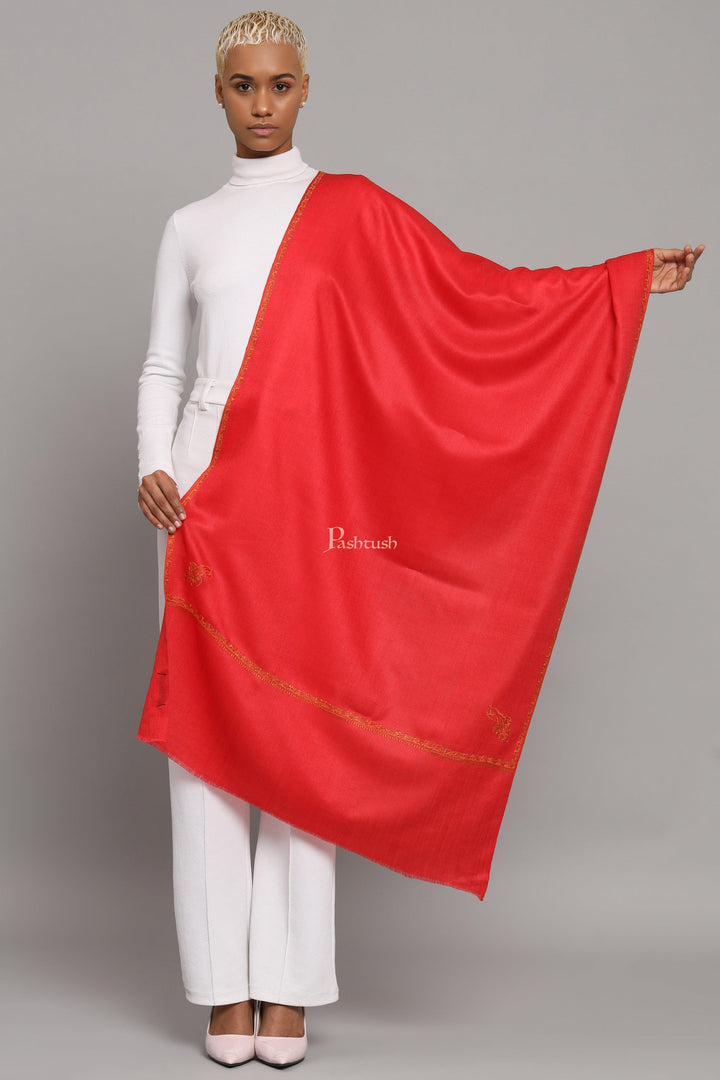 Pashtush India Womens Stoles Pashtush Womens Extra Fine Wool Stole, Kashmiri Hand Embroidery, Kingri Design, Red