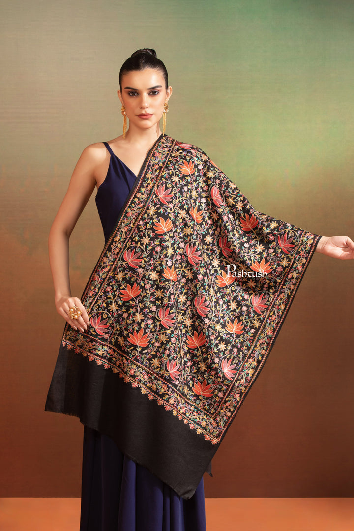 Pashtush India Womens Stole Pashtush Womens Extra Fine Wool Stole, Nalki Hand Embroidered Jaal Design, Black