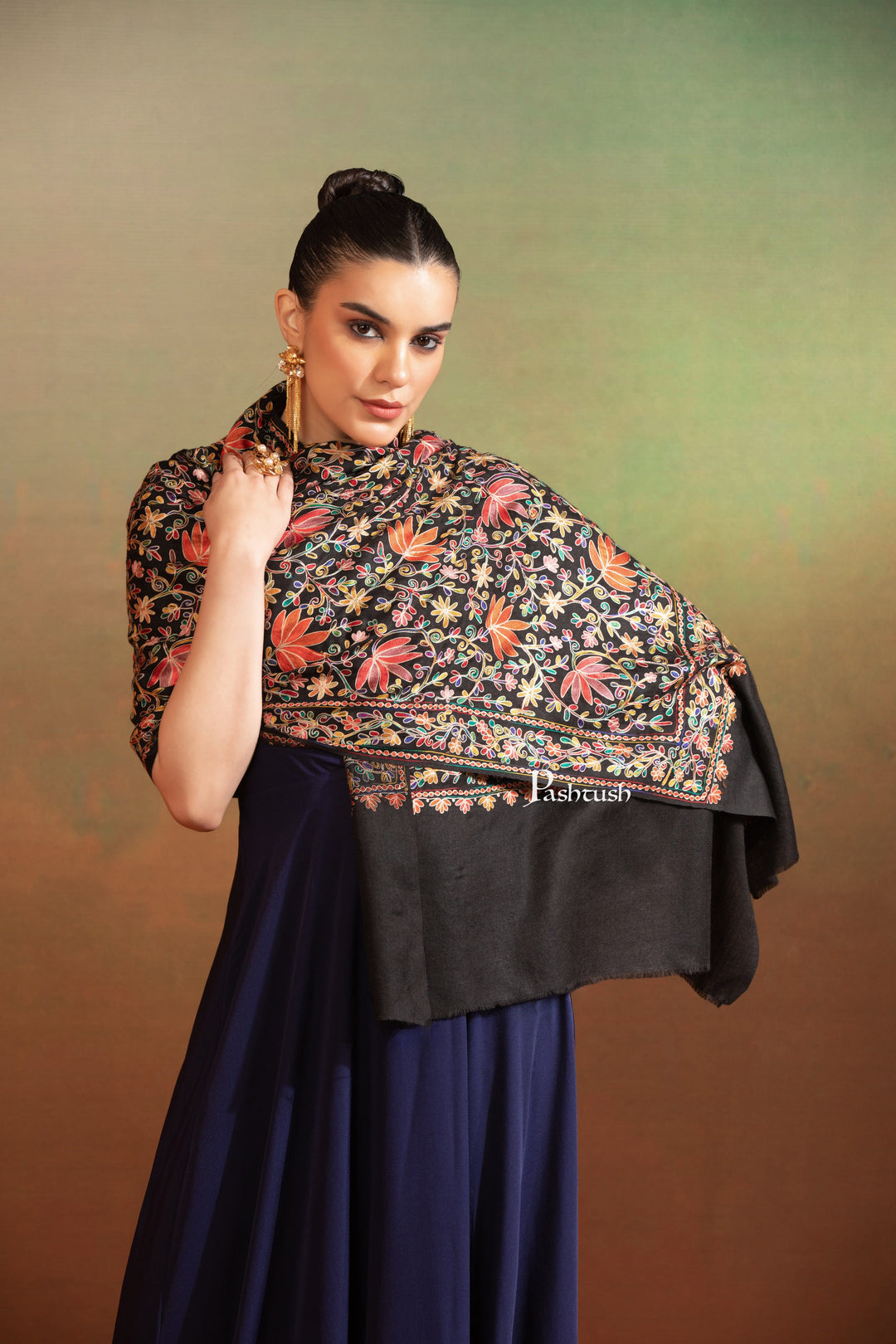 Pashtush India Womens Stole Pashtush Womens Extra Fine Wool Stole, Nalki Hand Embroidered Jaal Design, Black