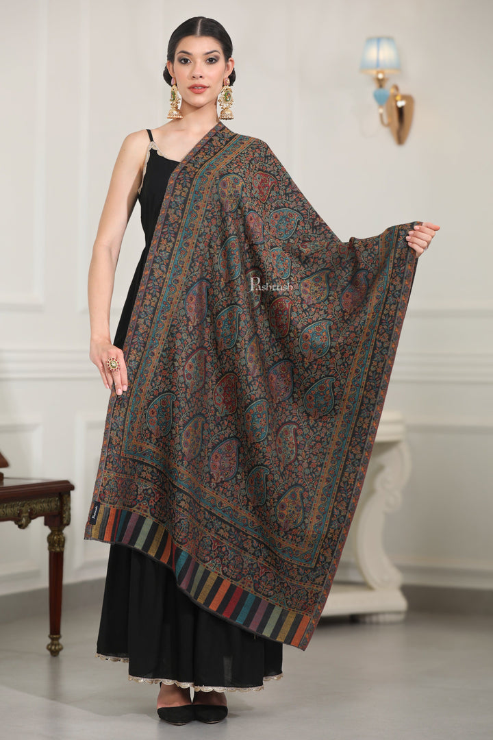 Pashtush India Womens Stoles Pashtush Womens Extra Fine Wool Stole, Paisley Design, Black
