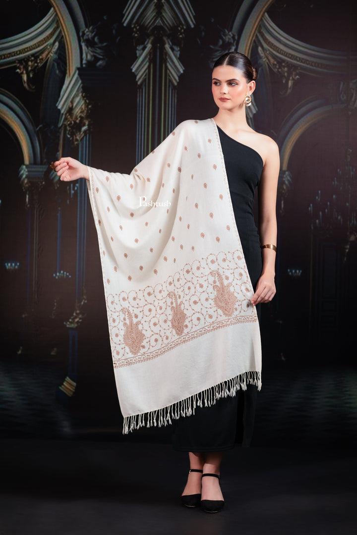 Pashtush India womens scarf and Stoles Pashtush Womens Extra Fine Wool Stole, Paisley Embroidery Palla Design, Ivory