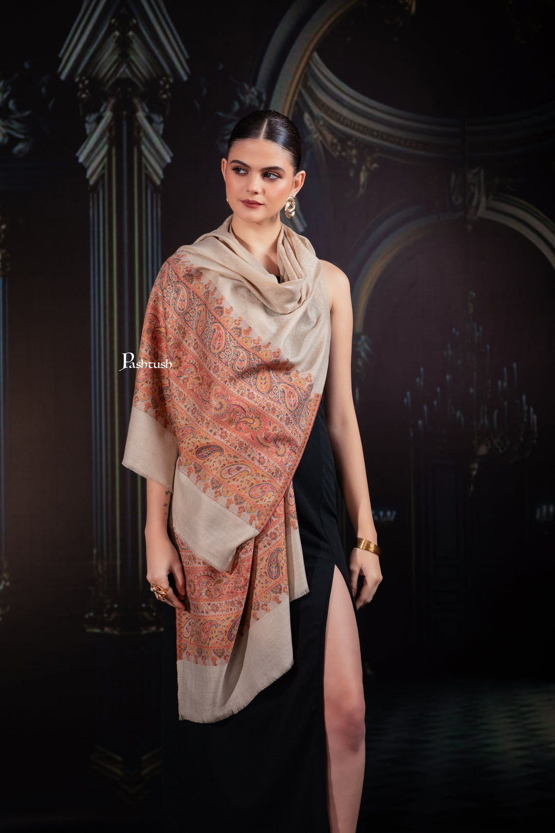 Pashtush India womens scarf and Stoles Pashtush Womens Extra Fine Wool Stole, Paisley Palla Design, Beige