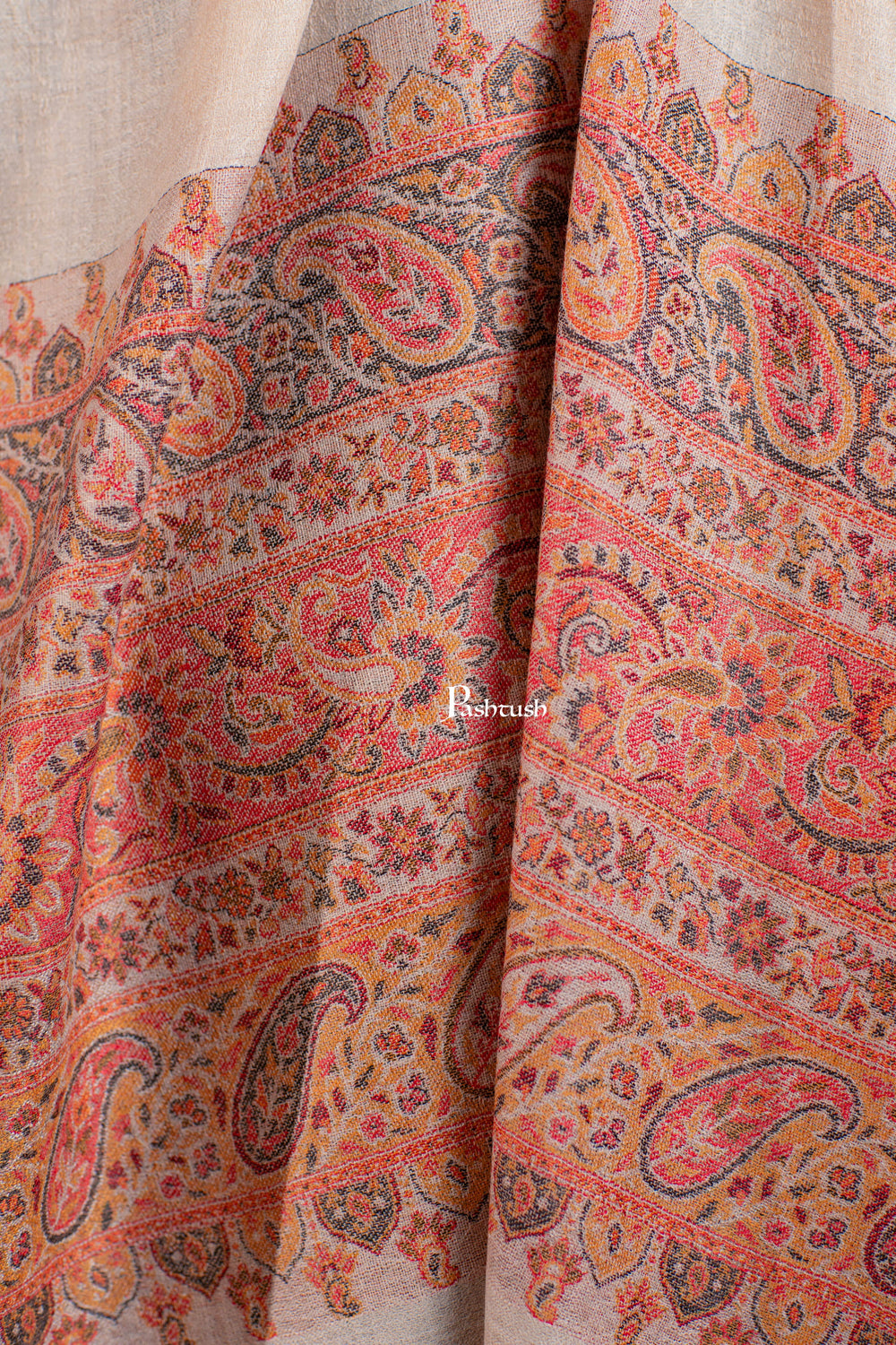 Pashtush India womens scarf and Stoles Pashtush Womens Extra Fine Wool Stole, Paisley Palla Design, Beige