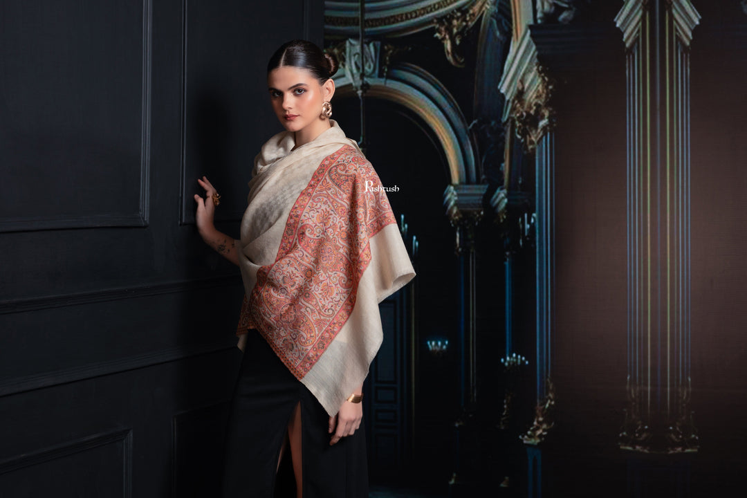 Pashtush India womens scarf and Stoles Pashtush Womens Extra Fine Wool Stole, Paisley Palla Design, Beige
