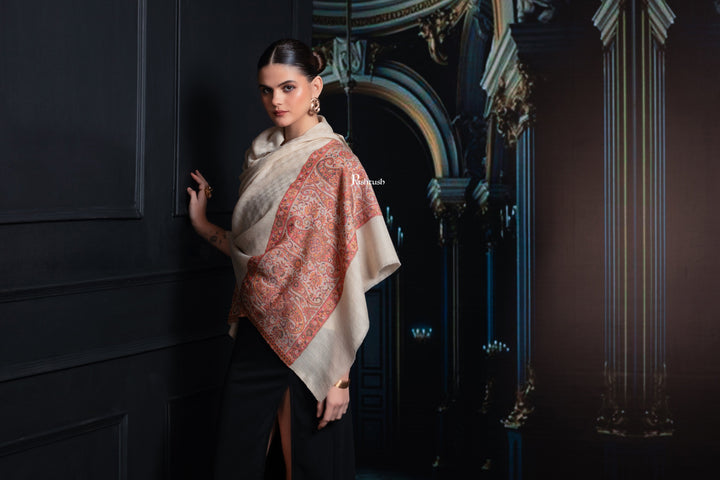 Pashtush India womens scarf and Stoles Pashtush Womens Extra Fine Wool Stole, Paisley Palla Design, Beige