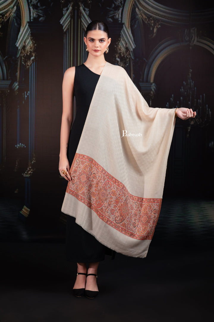 Pashtush India womens scarf and Stoles Pashtush Womens Extra Fine Wool Stole, Paisley Palla Design, Beige