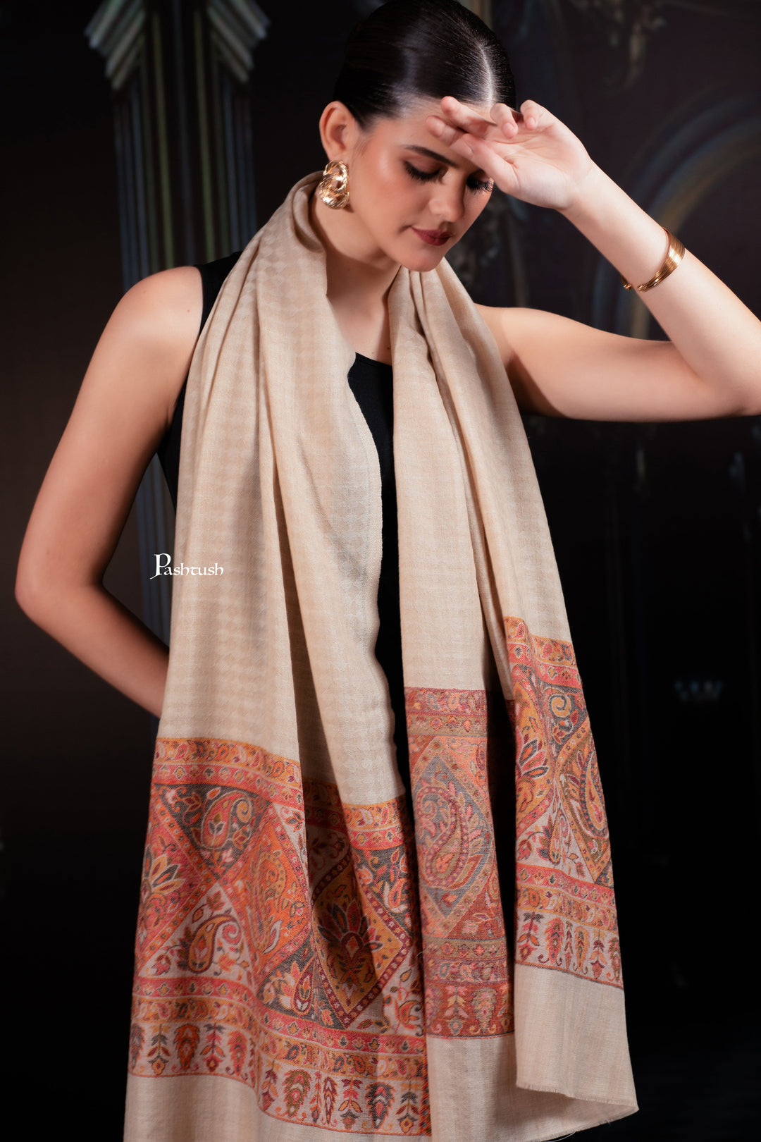 Pashtush India womens scarf and Stoles Pashtush Womens Extra Fine Wool Stole, Paisley Palla Design, Beige