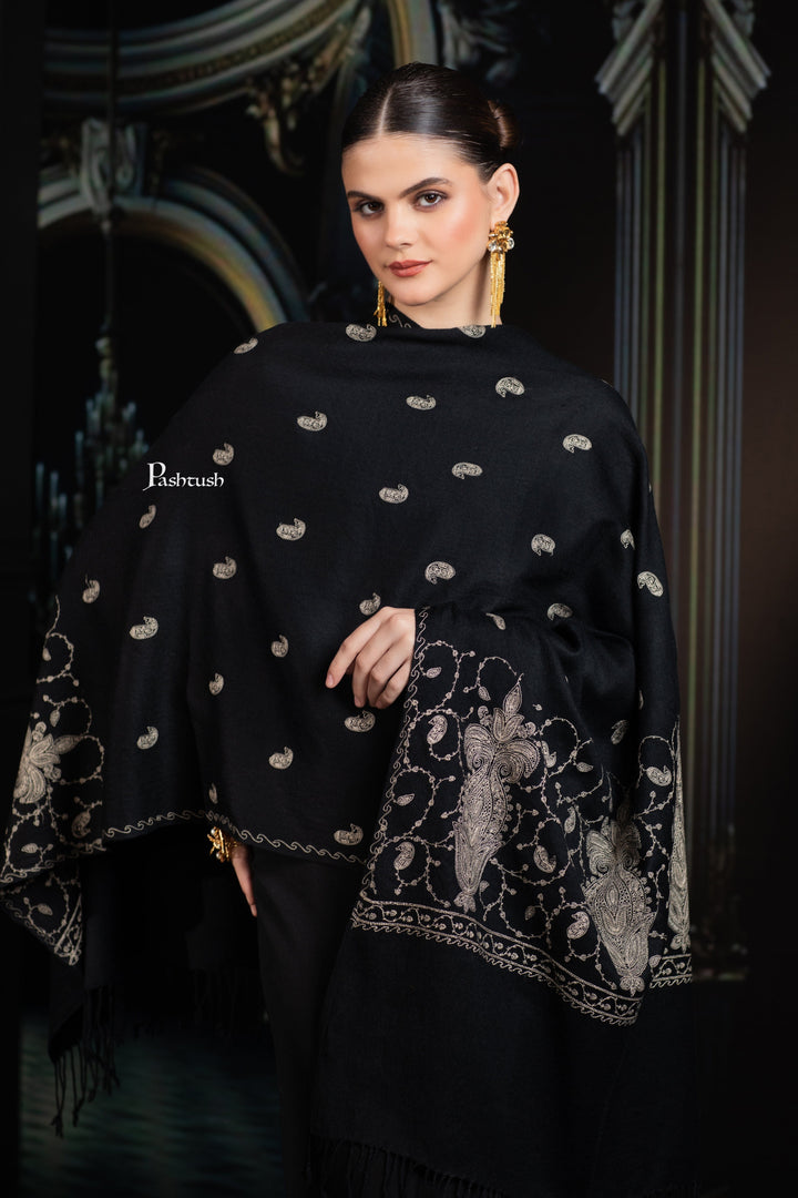 Pashtush India womens scarf and Stoles Pashtush Womens Extra Fine Wool Stole, Paisley Ton On Ton Embroidery Palla Design, Black