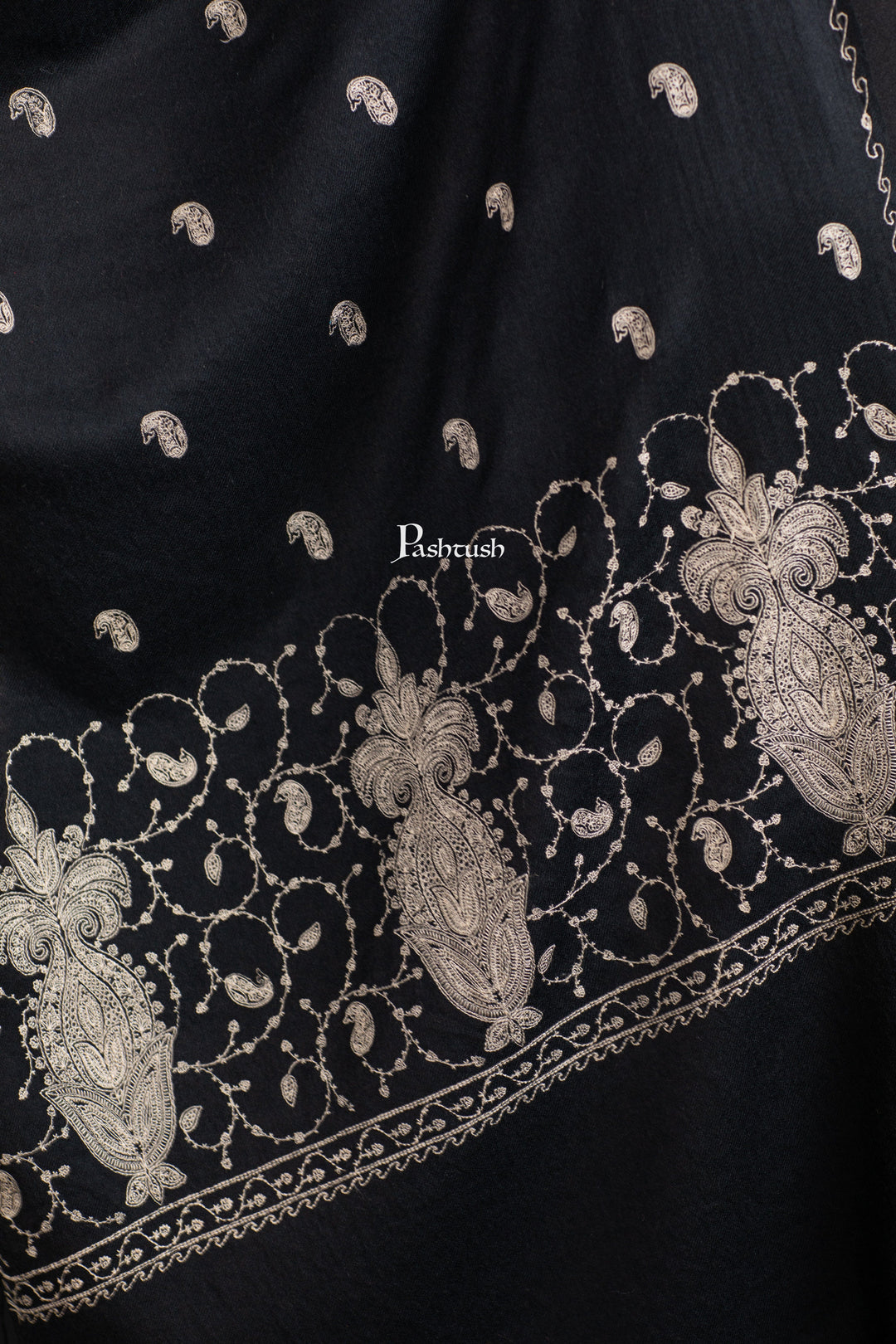 Pashtush India womens scarf and Stoles Pashtush Womens Extra Fine Wool Stole, Paisley Ton On Ton Embroidery Palla Design, Black