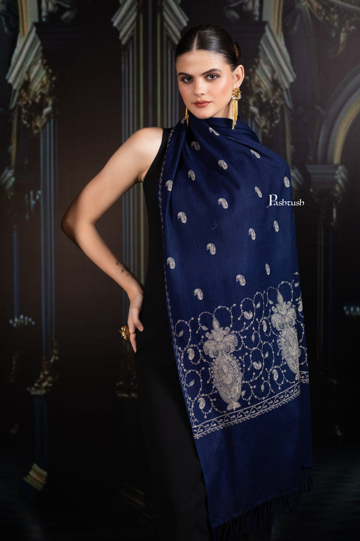 Pashtush India womens scarf and Stoles Pashtush Womens Extra Fine Wool Stole, Paisley Ton On Ton Embroidery Palla Design, Blue