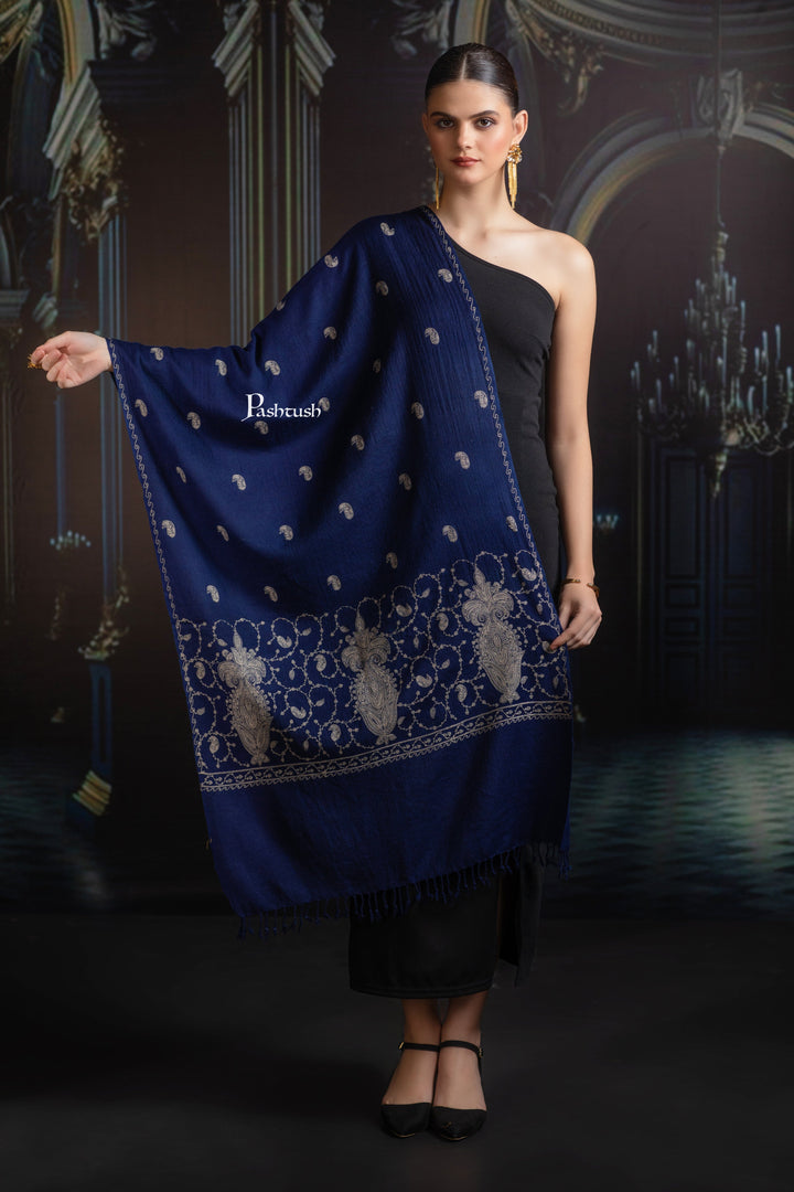 Pashtush India womens scarf and Stoles Pashtush Womens Extra Fine Wool Stole, Paisley Ton On Ton Embroidery Palla Design, Blue