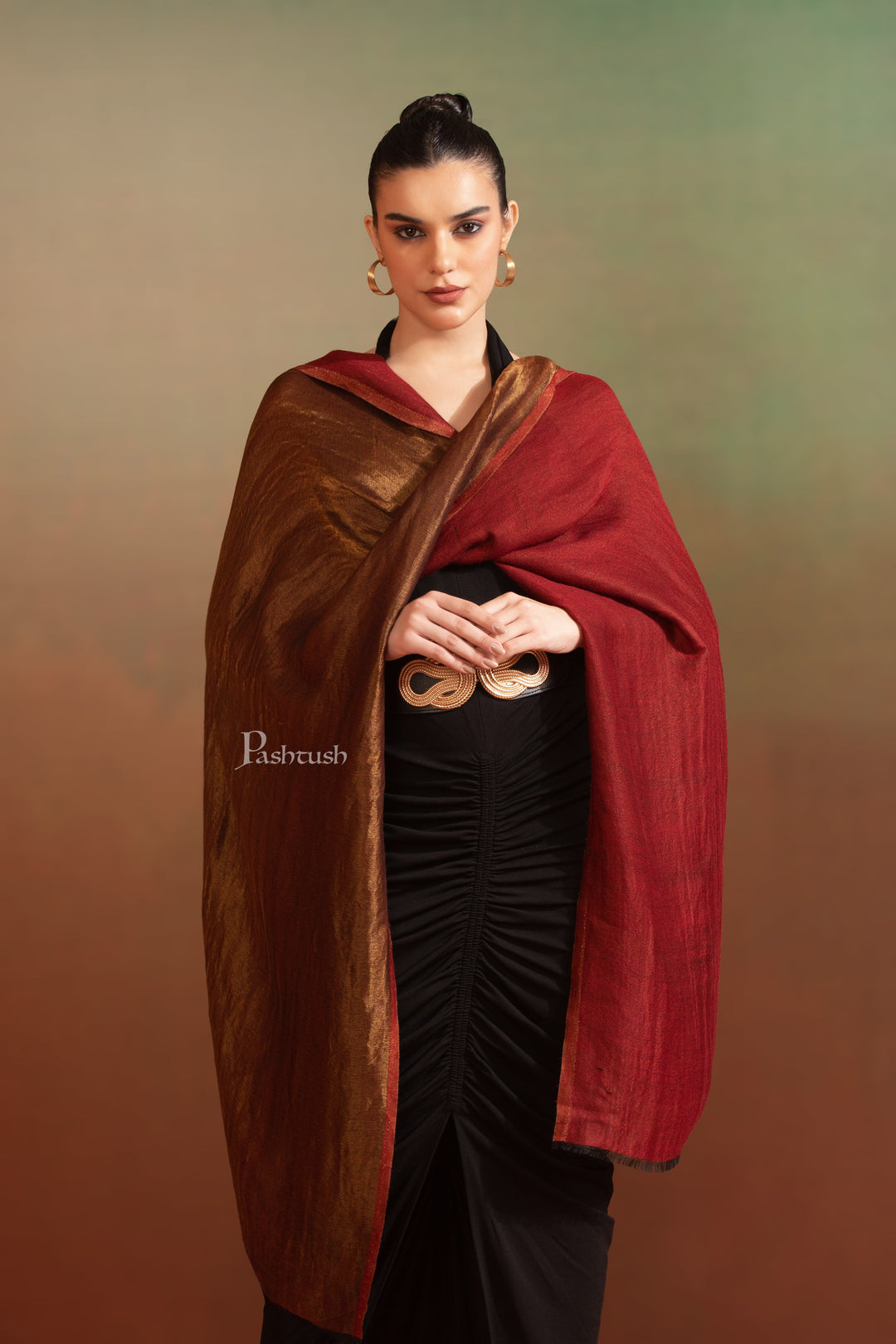Pashtush India Womens Stoles and Scarves Scarf Pashtush Womens Extra Fine Wool Stole, Reversible Zari Design, Maroon