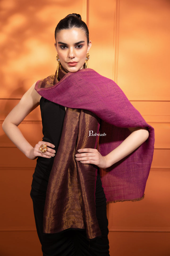 Pashtush India Womens Stoles and Scarves Scarf Pashtush Womens Extra Fine Wool Stole, Reversible Zari Design, Purple