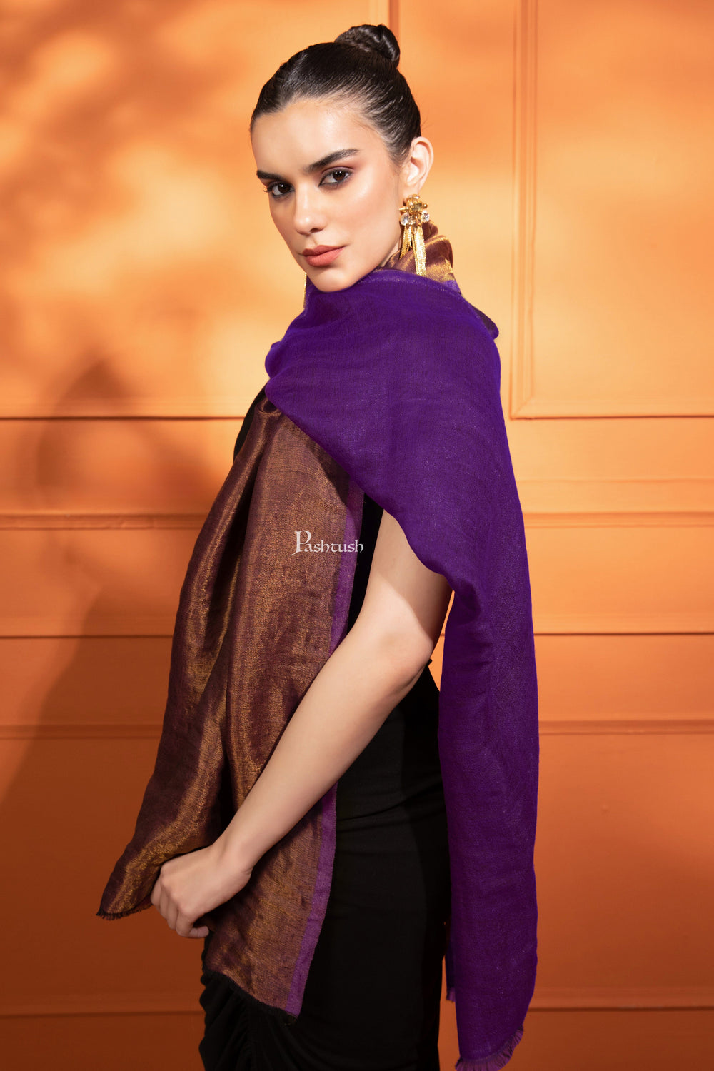 Pashtush India Womens Stoles and Scarves Scarf Pashtush Womens Extra Fine Wool Stole, Reversible Zari , Purple