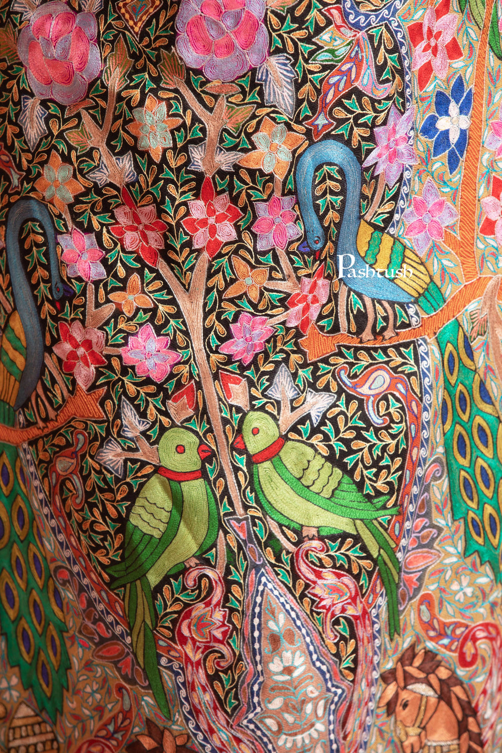 Pashtush India Womens Stole Pashtush Womens Extra Fine Wool Stole, Shikaar-Dar Hand Embroidered, Hand Painted Kalamkari Design, Multicolour