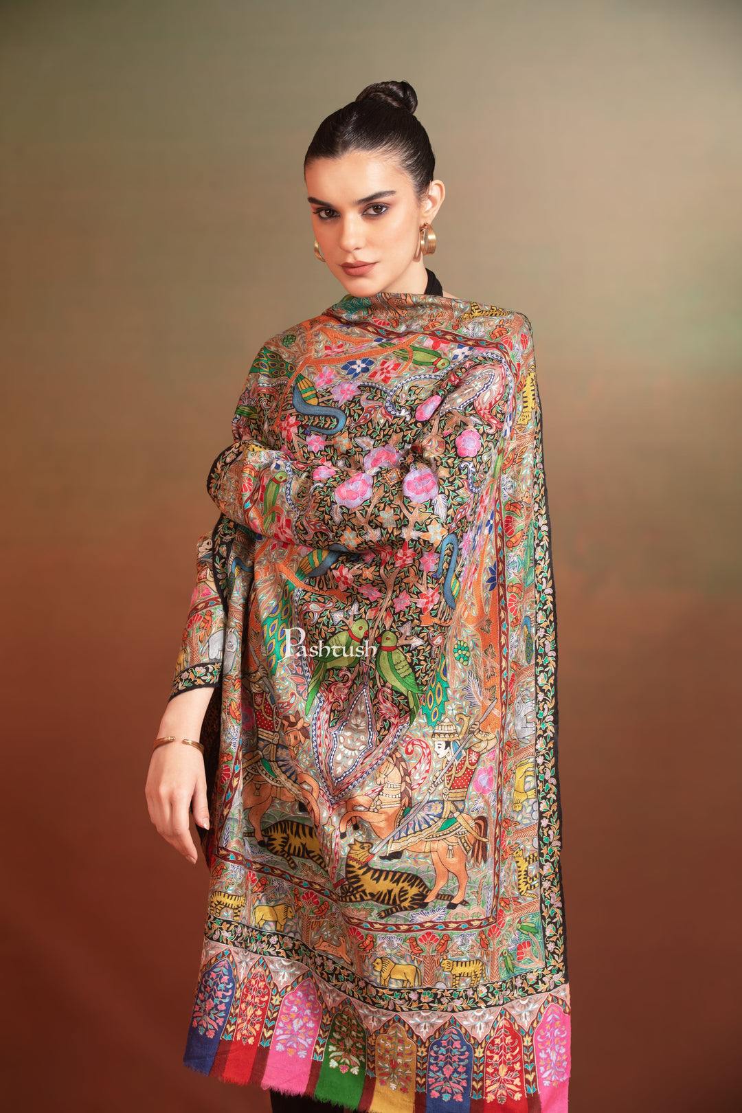 Pashtush India Womens Stole Pashtush Womens Extra Fine Wool Stole, Shikaar-Dar Hand Embroidered, Hand Painted Kalamkari Design, Multicolour