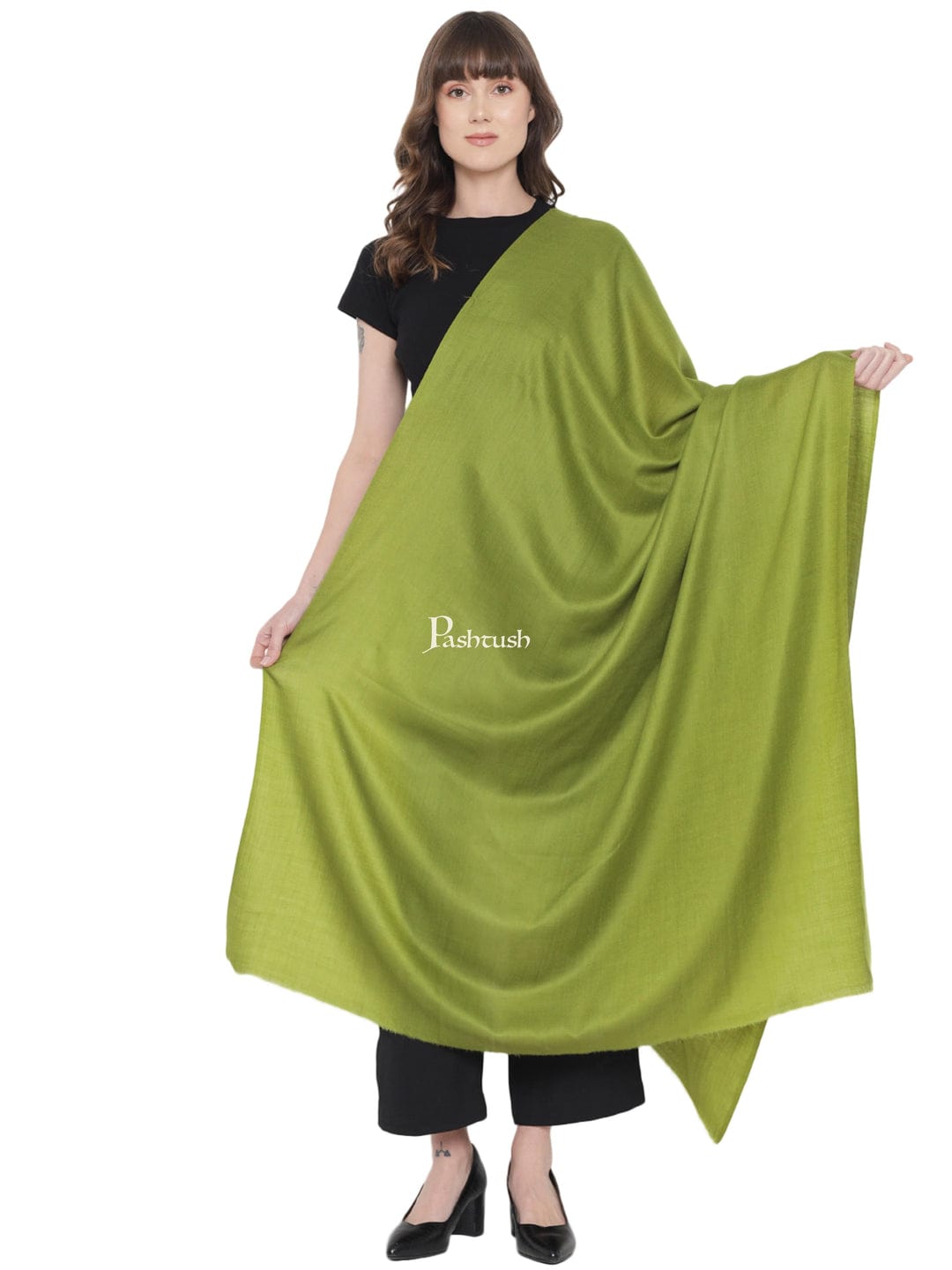 Pashtush India Womens Stoles and Scarves Scarf Pashtush Womens Extra Fine Wool Stole, Solid Design, Olive Green