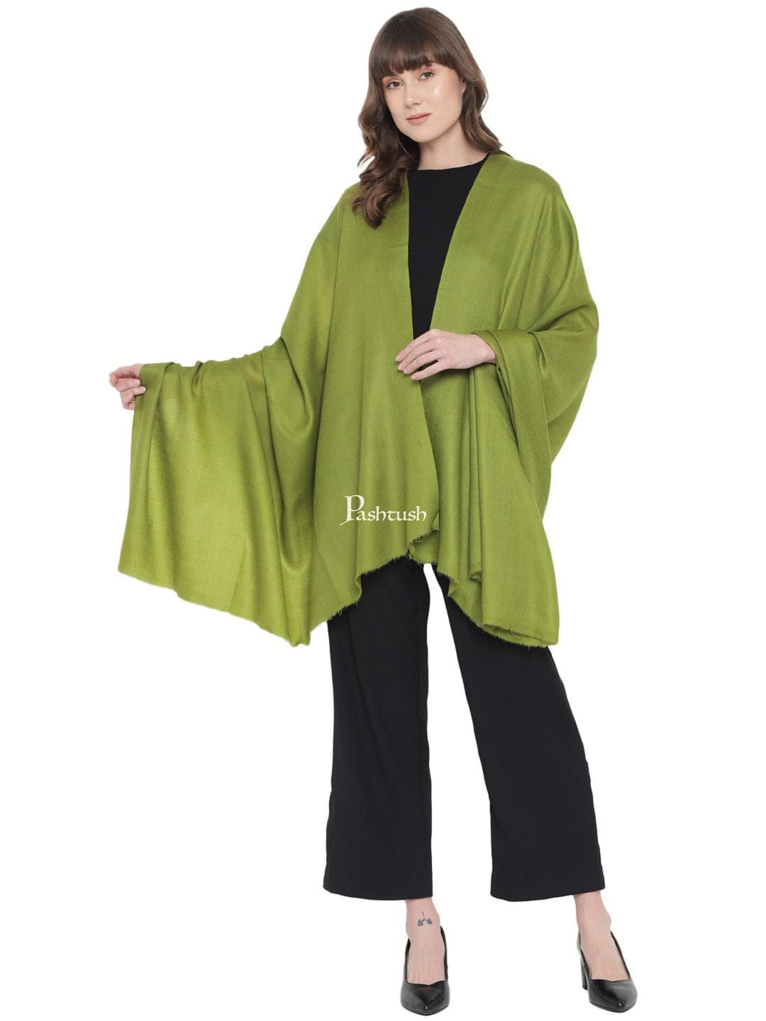 Pashtush India Womens Stoles and Scarves Scarf Pashtush Womens Extra Fine Wool Stole, Solid Design, Olive Green
