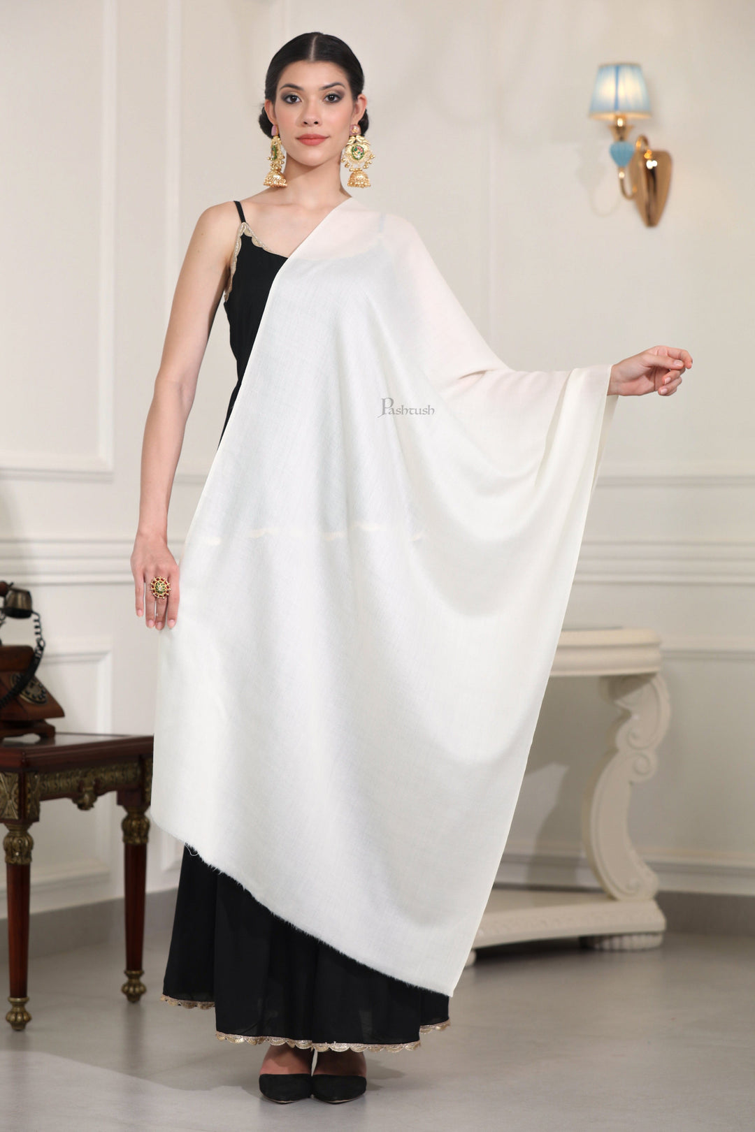 Pashtush India Womens Stoles Pashtush Womens Extra Fine Wool Stole, Solid Plain Design, Ivory