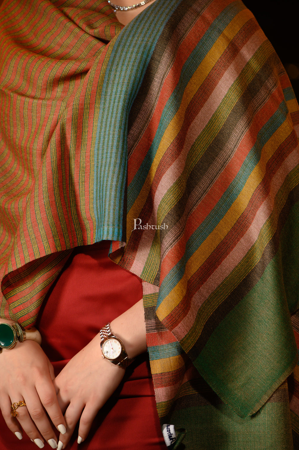Pashtush India Womens Stoles and Scarves Scarf Pashtush Womens Extra Fine Wool Stole, Stripe Design, Multicolour