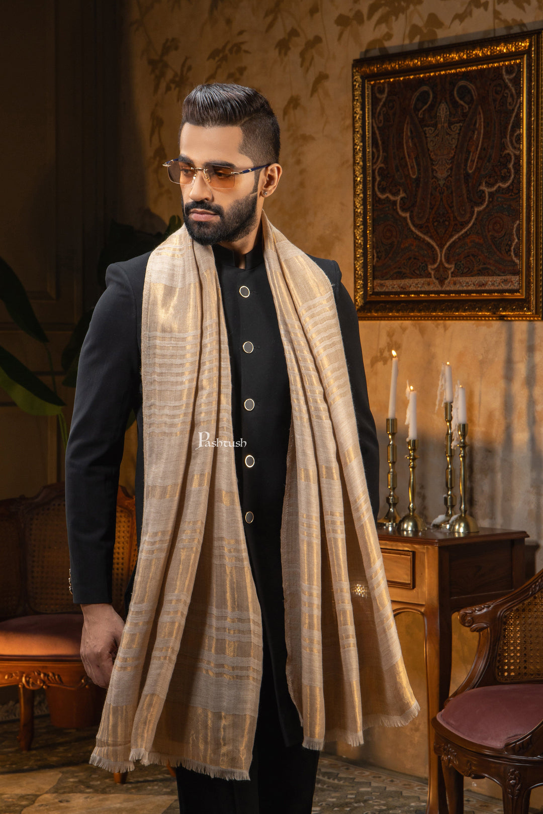 Pashtush India Mens Scarves Stoles and Mufflers Pashtush Womens Extra Fine Wool Stole, Stripe Twilight Design, Golden
