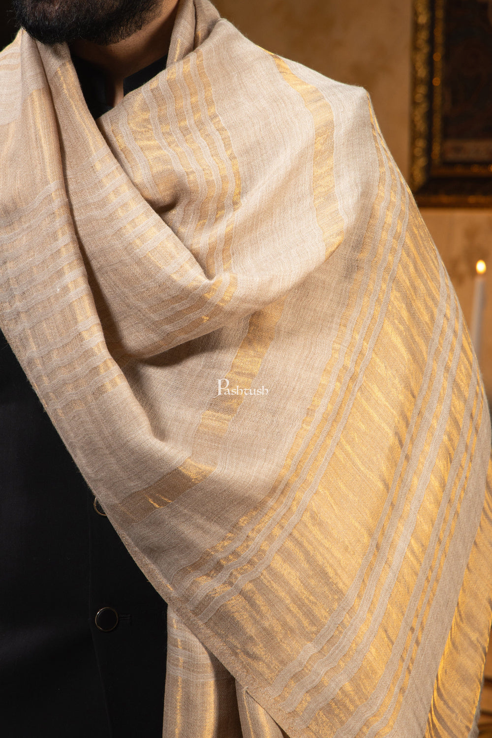 Pashtush India Mens Scarves Stoles and Mufflers Pashtush Womens Extra Fine Wool Stole, Stripe Twilight Design, Golden