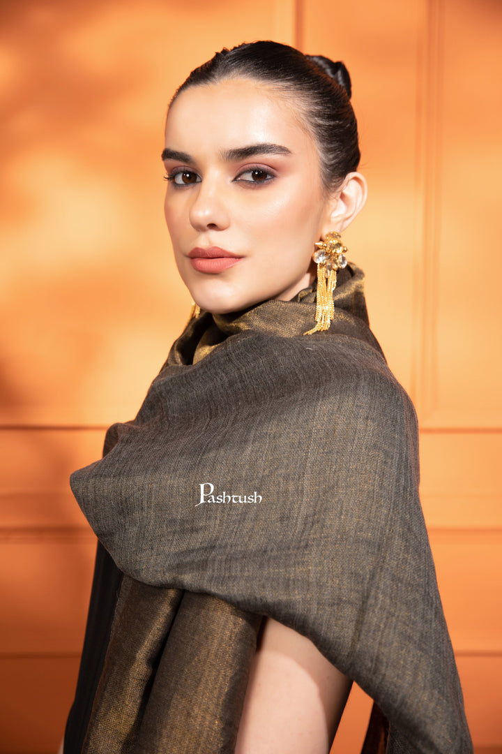 Pashtush India Womens Stoles and Scarves Scarf Pashtush Womens Extra Fine Wool Stole, Twilight Collection, Reversible Weave, Dark Grey and Muted Gold