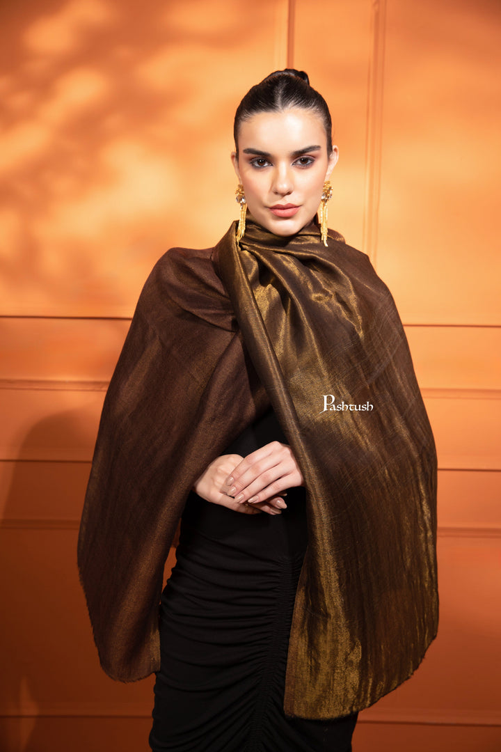 Pashtush India Womens Stoles and Scarves Scarf Pashtush Womens Extra Fine Wool Stole, Twilight Collection, Reversible Weave, Dark Grey and Muted Gold