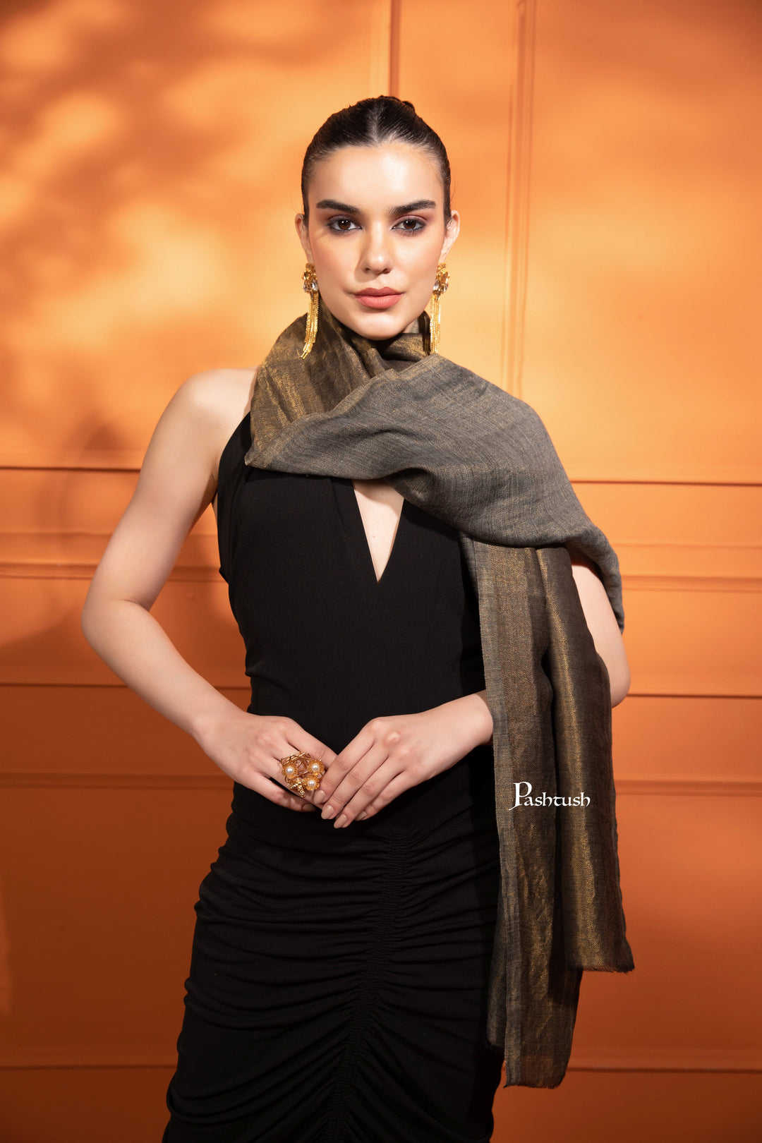 Pashtush India Womens Stoles and Scarves Scarf Pashtush Womens Extra Fine Wool Stole, Twilight Collection, Reversible Weave, Dark Grey and Muted Gold