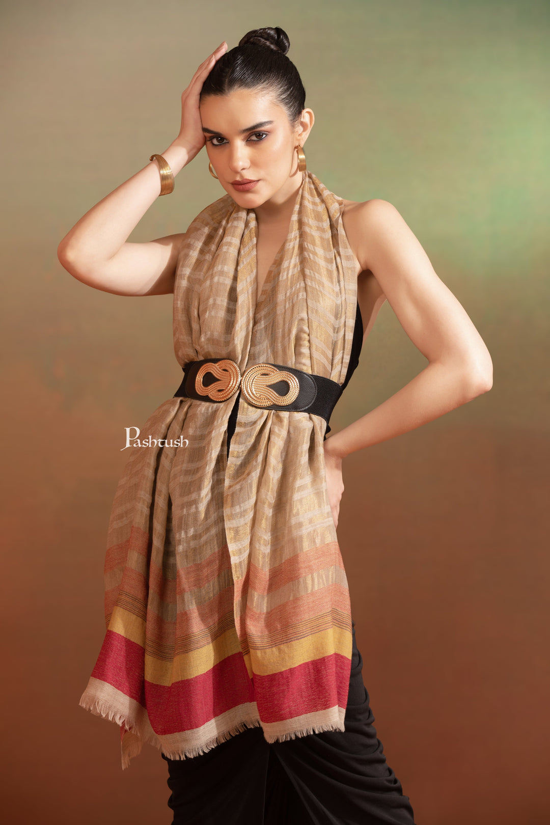 Pashtush India Womens Stoles and Scarves Scarf Pashtush Womens Extra Fine Wool Stole, Twilight Collection, Shimmery Weave Beige And Maroon