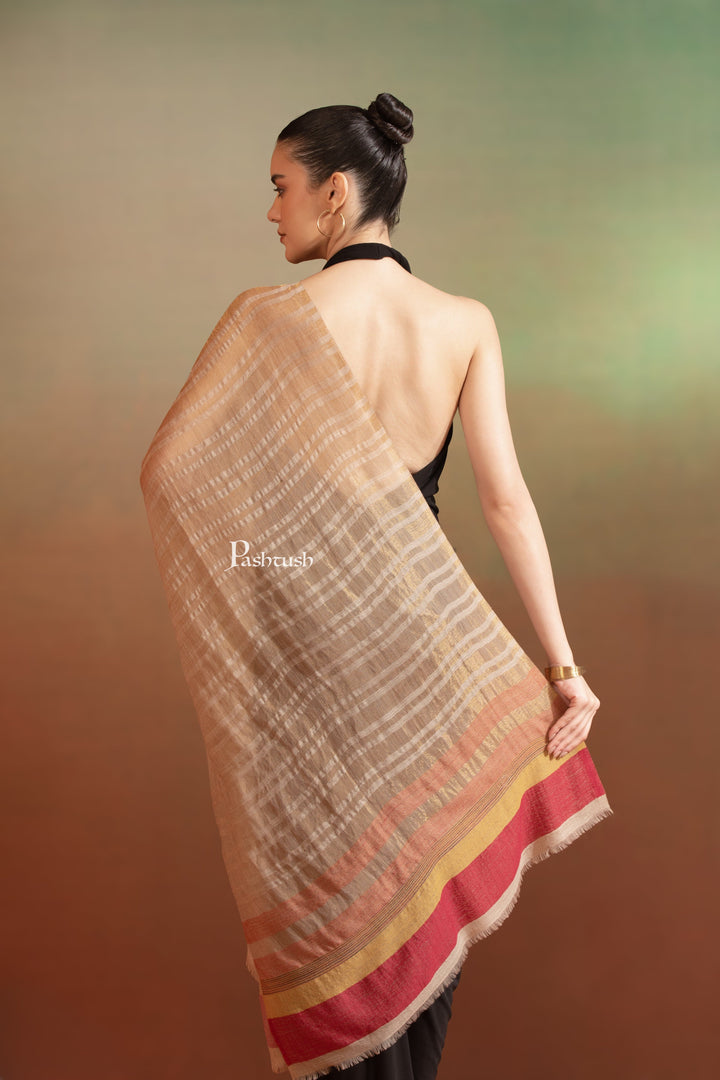 Pashtush India Womens Stoles and Scarves Scarf Pashtush Womens Extra Fine Wool Stole, Twilight Collection, Shimmery Weave Beige And Maroon