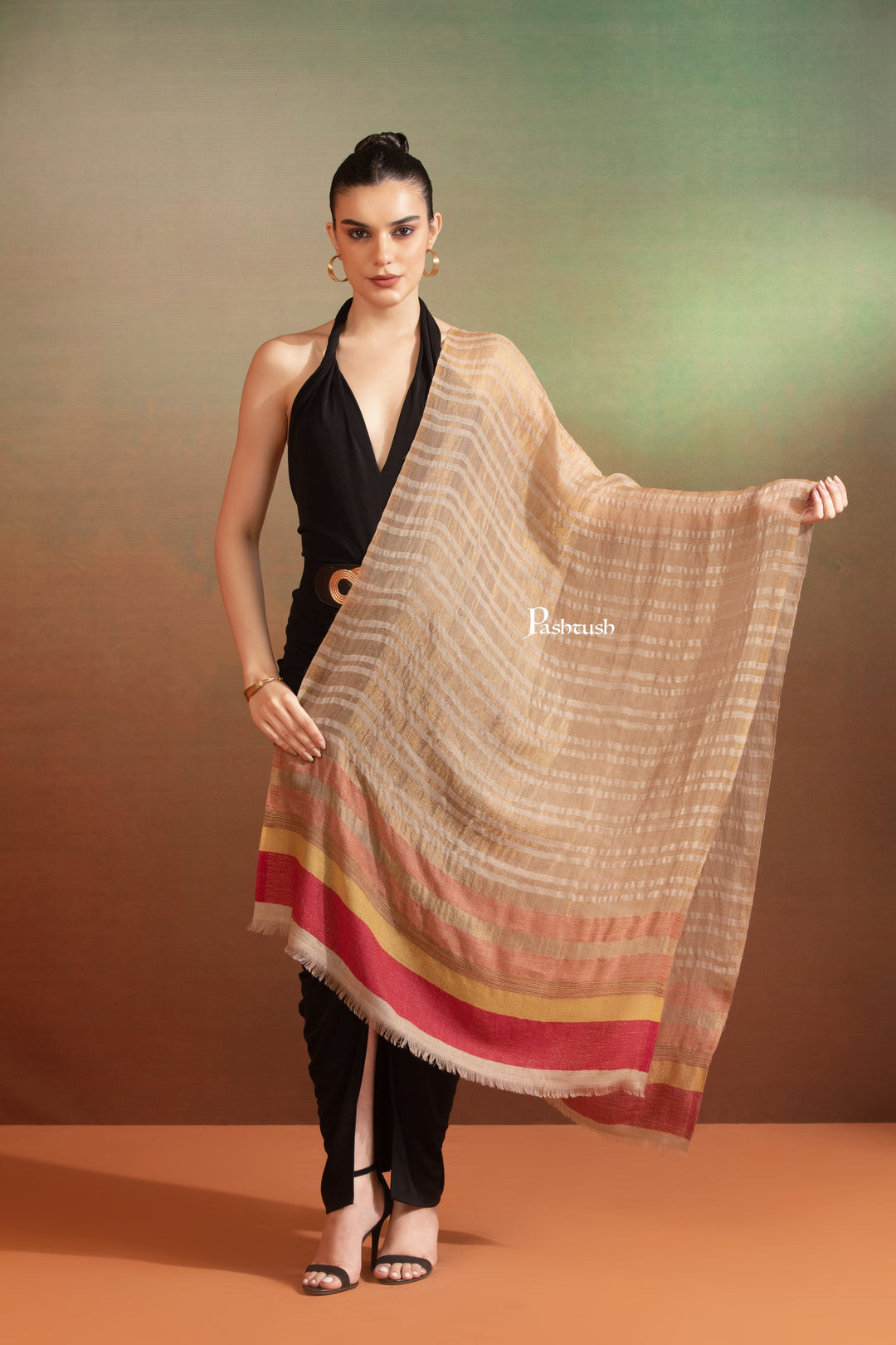 Pashtush India Womens Stoles and Scarves Scarf Pashtush Womens Extra Fine Wool Stole, Twilight Collection, Shimmery Weave Beige And Maroon