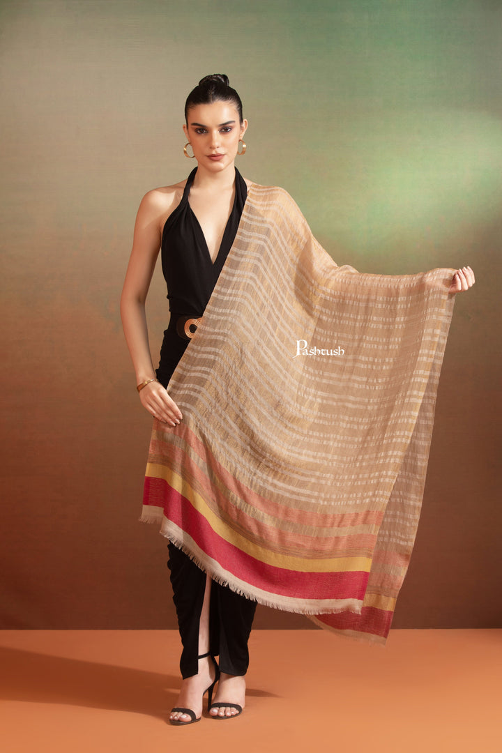 Pashtush India Womens Stoles and Scarves Scarf Pashtush Womens Extra Fine Wool Stole, Twilight Collection, Shimmery Weave Beige And Maroon