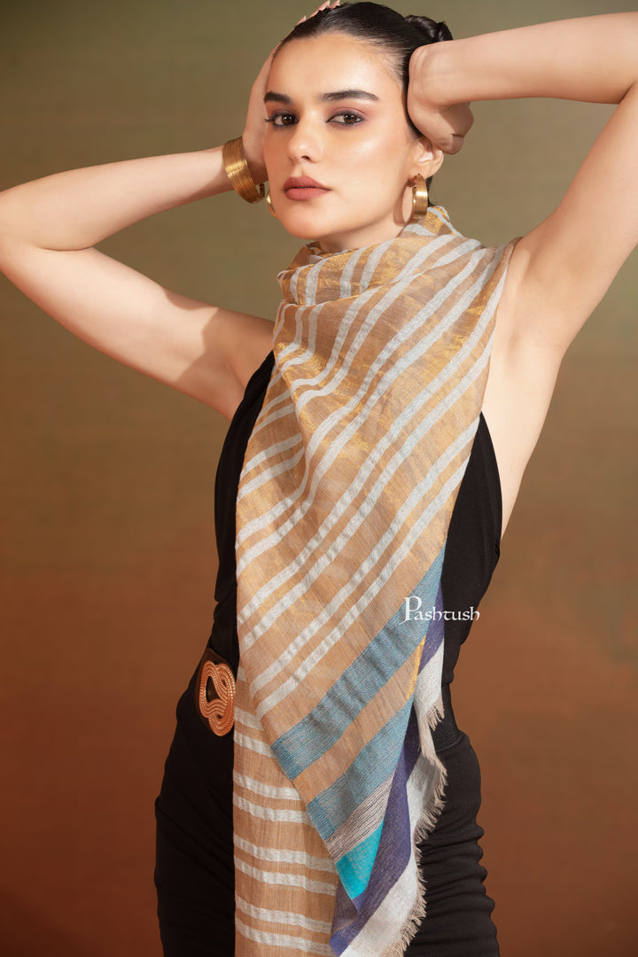 Pashtush India Womens Stoles and Scarves Scarf Pashtush Womens Extra Fine Wool Stole, Twilight Collection, Shimmery Weave Design, Beige And Gold